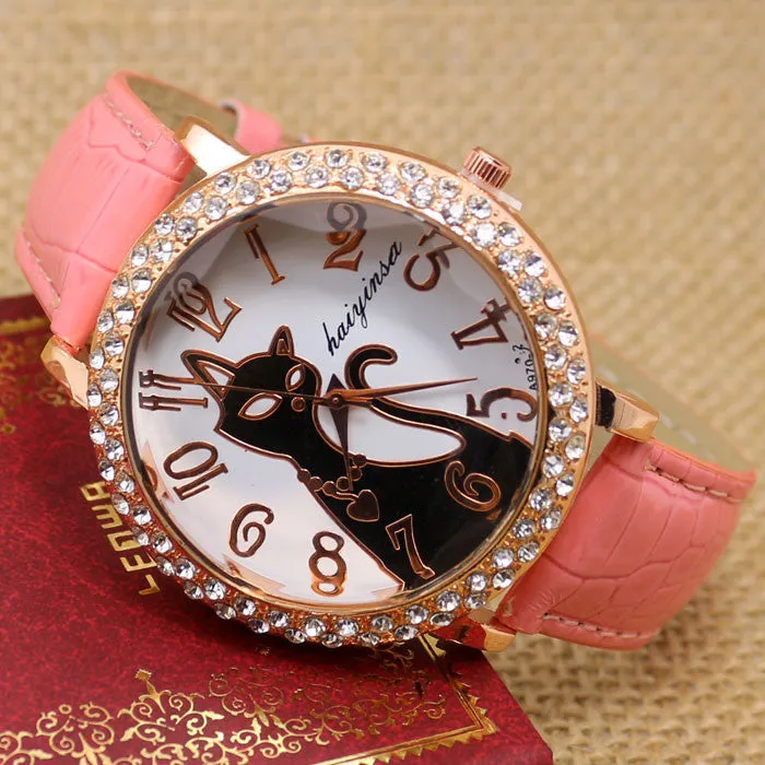 Lovely Black Crystal Cat Round Dial Quartz Watch Women Watch