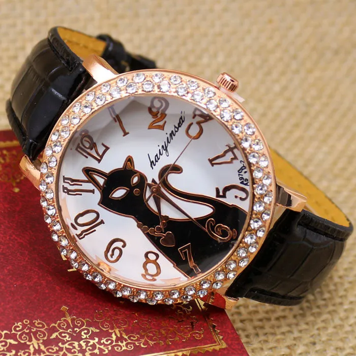 Lovely Black Crystal Cat Round Dial Quartz Watch Women Watch