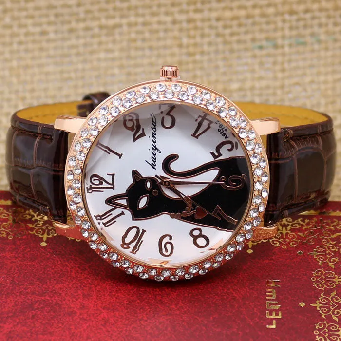 Lovely Black Crystal Cat Round Dial Quartz Watch Women Watch