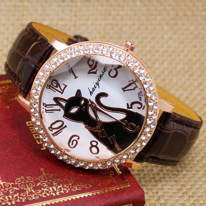 Lovely Black Crystal Cat Round Dial Quartz Watch Women Watch