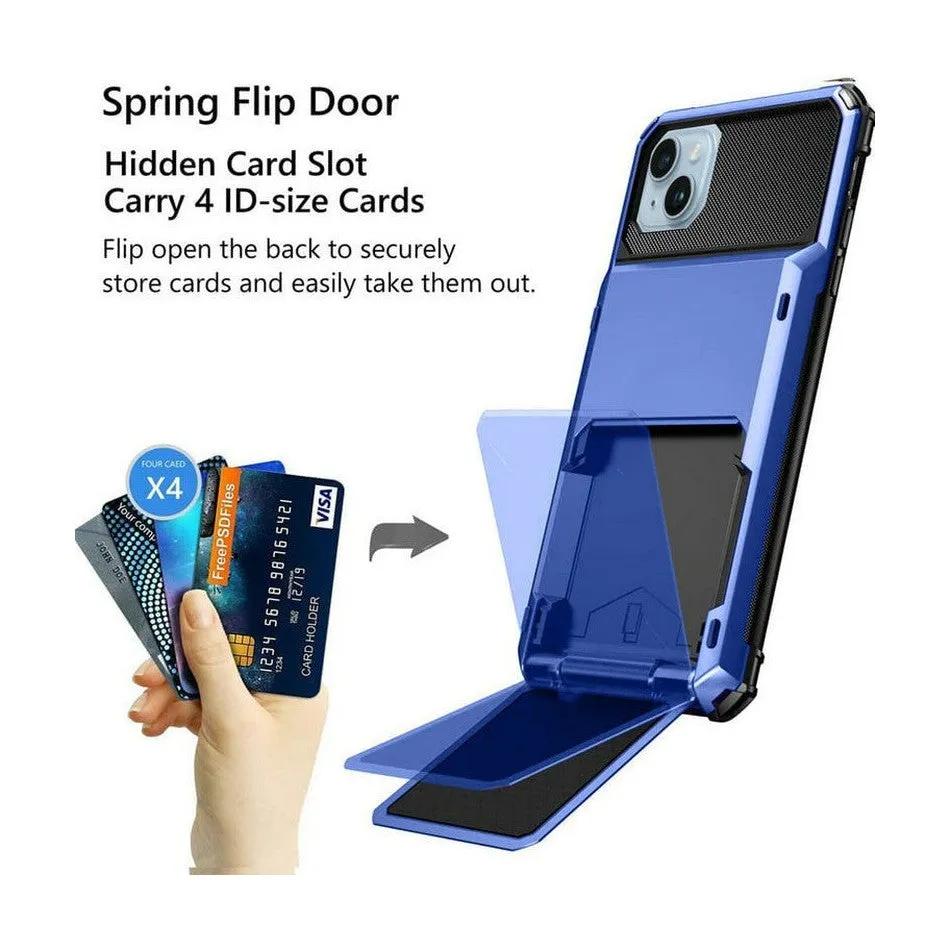 Luxurious Hard Rugged Case w/- Card Slots for iPhone 14 - Blue