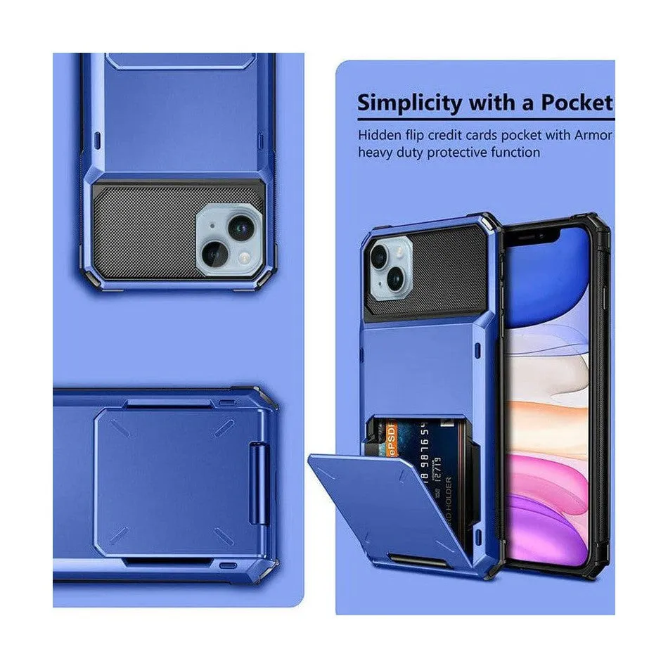 Luxurious Hard Rugged Case w/- Card Slots for iPhone 14 - Blue