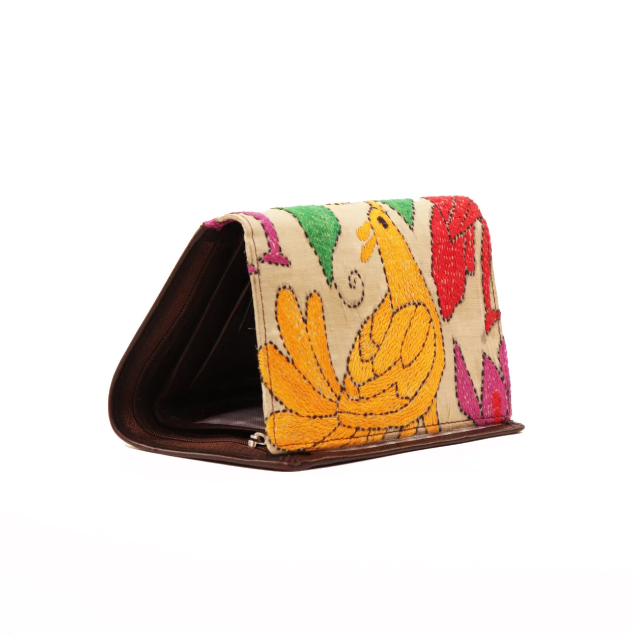 Maheejaa Leather-Kantha Handcrafted Women's Tri-fold Wallet - Chocolate Brown