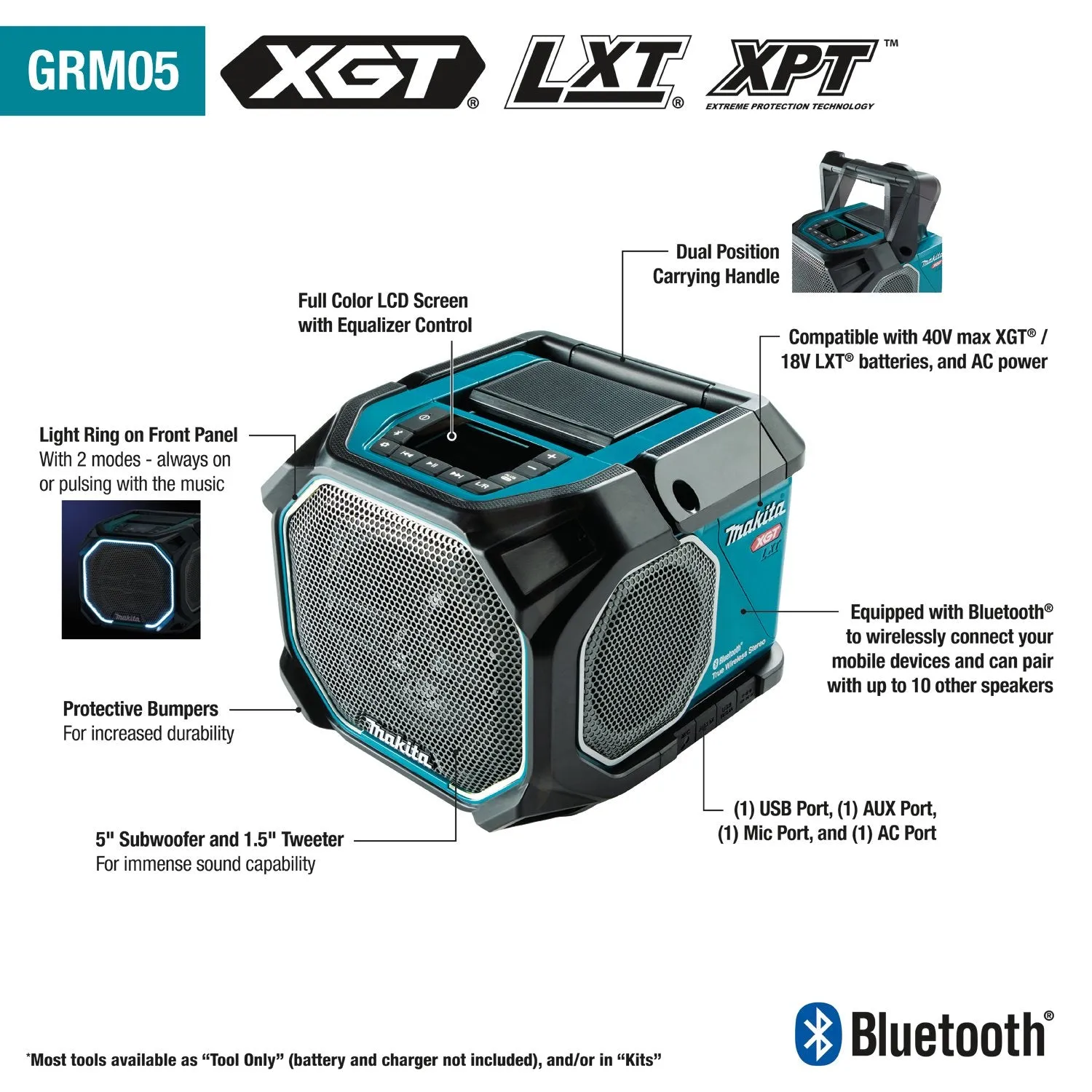 Makita (GRM05) 40V max XGT® Cordless/Corded Bluetooth® Job Site Radio (Tool Only)