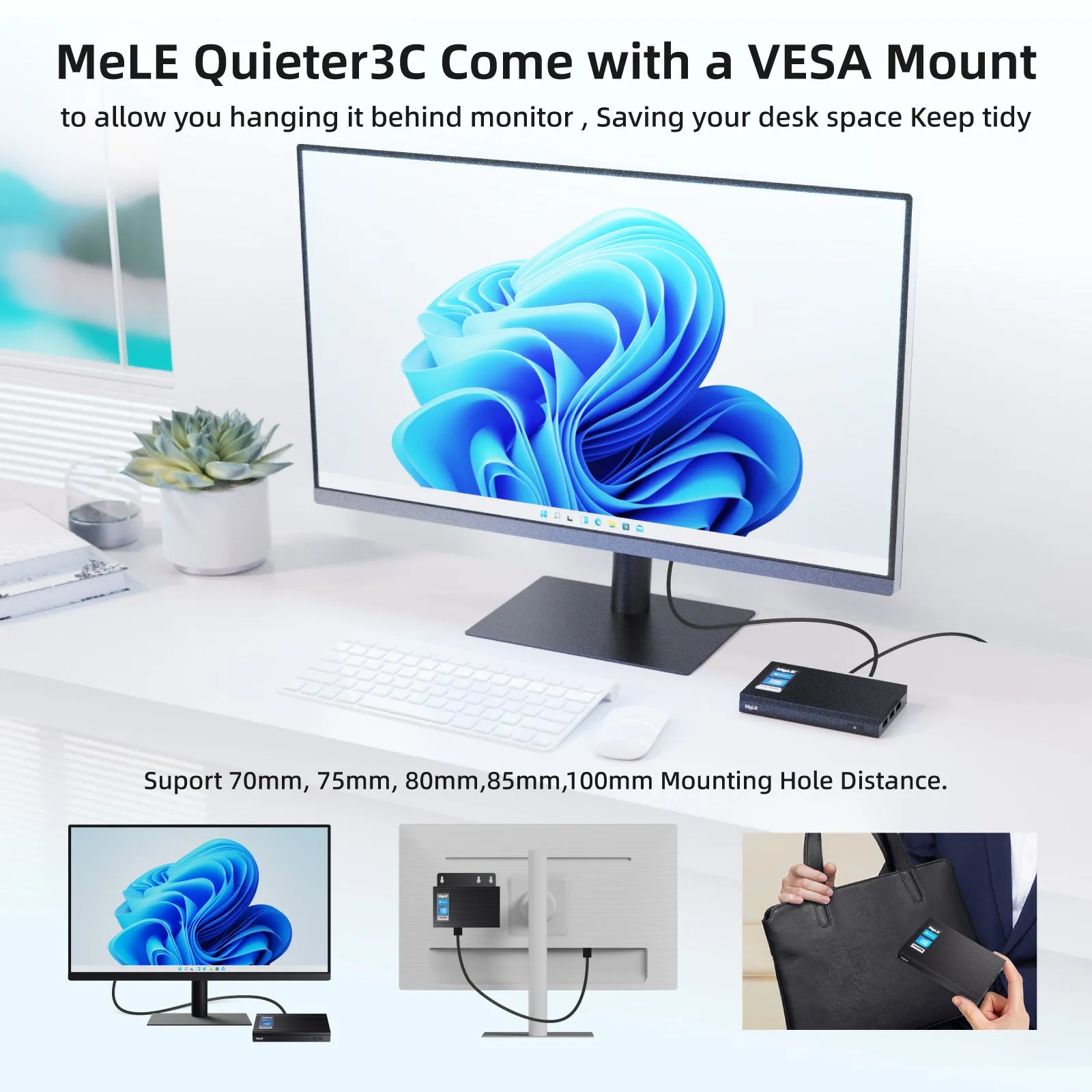 MeLE  Quieter 3C Fanless Mini PC N5105, LPDDR4, Windows11 Pro, HDMI * 2, Wi-Fi 5, BT 5.1, USB 3.2* 3, Type-C, SD Card & SSD Support, VESA Mount