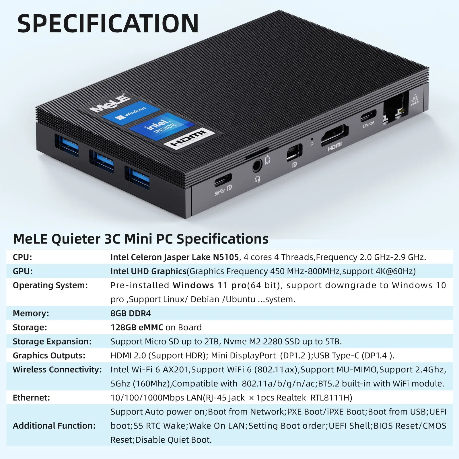 MeLE  Quieter 3C Fanless Mini PC N5105, LPDDR4, Windows11 Pro, HDMI * 2, Wi-Fi 5, BT 5.1, USB 3.2* 3, Type-C, SD Card & SSD Support, VESA Mount