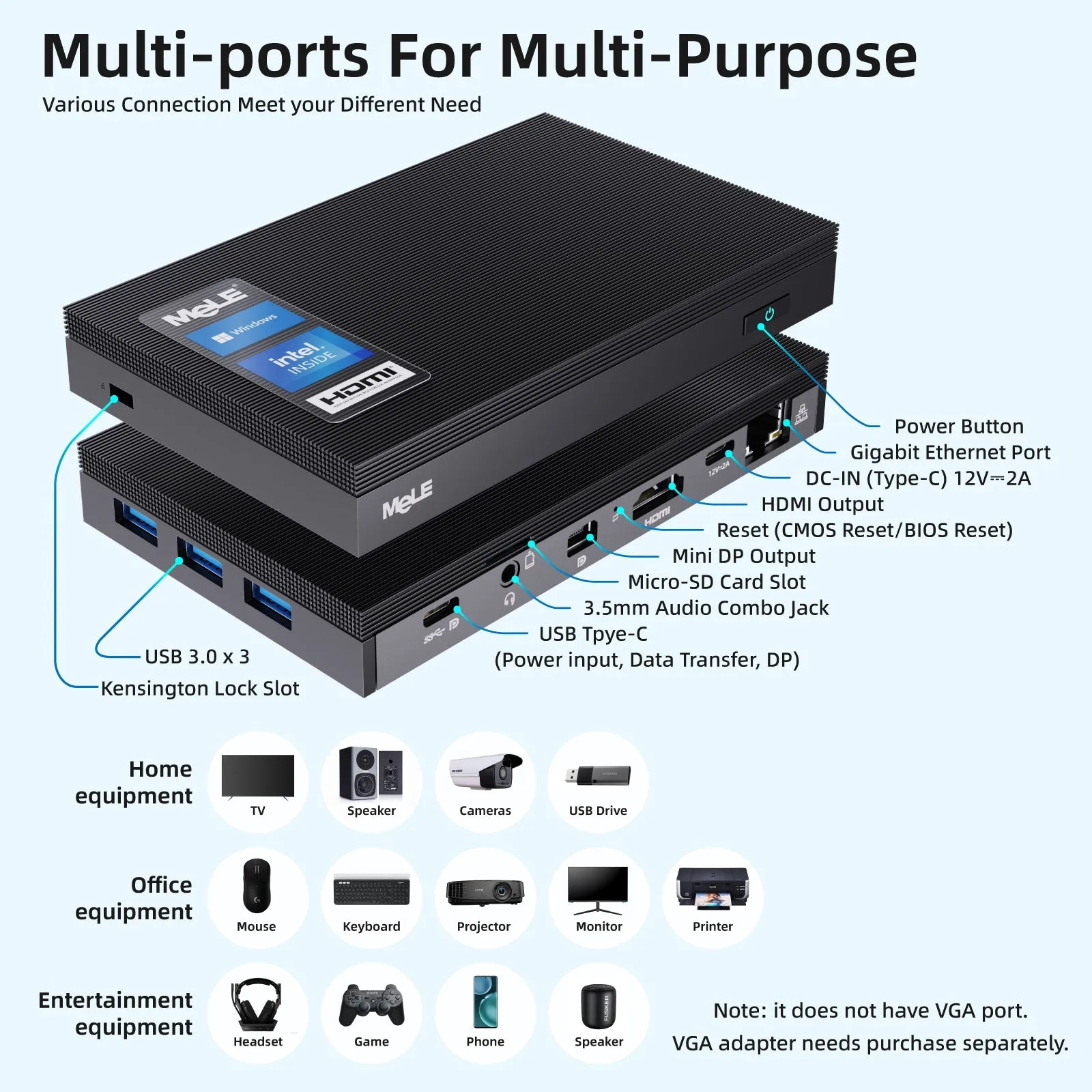 MeLE  Quieter 3C Fanless Mini PC N5105, LPDDR4, Windows11 Pro, HDMI * 2, Wi-Fi 5, BT 5.1, USB 3.2* 3, Type-C, SD Card & SSD Support, VESA Mount