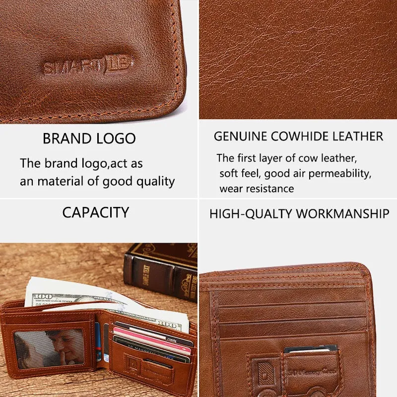 Men Bifold Short First Layer Cowhide Wallet Multi-card Slot Card Case Money Clip Coin Purse