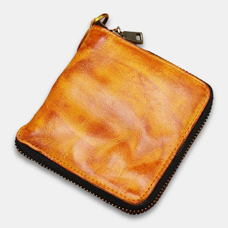 Men Genuine Leather Vintage Short Distressed Folds Zipper Card Holder Coin Purse Money Clip Wallet