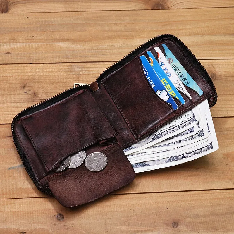 Men Genuine Leather Vintage Short Distressed Folds Zipper Card Holder Coin Purse Money Clip Wallet