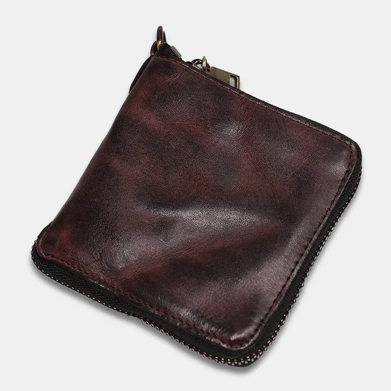 Men Genuine Leather Vintage Short Distressed Folds Zipper Card Holder Coin Purse Money Clip Wallet