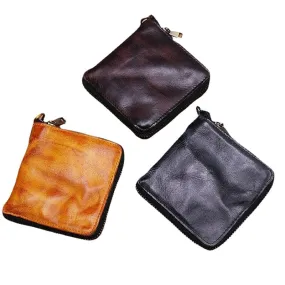 Men Genuine Leather Vintage Short Distressed Folds Zipper Card Holder Coin Purse Money Clip Wallet