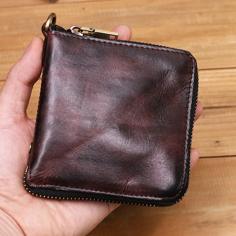 Men Genuine Leather Vintage Short Distressed Folds Zipper Card Holder Coin Purse Money Clip Wallet