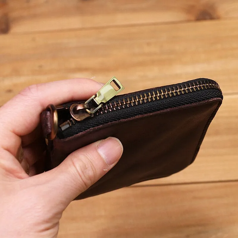 Men Genuine Leather Vintage Short Distressed Folds Zipper Card Holder Coin Purse Money Clip Wallet