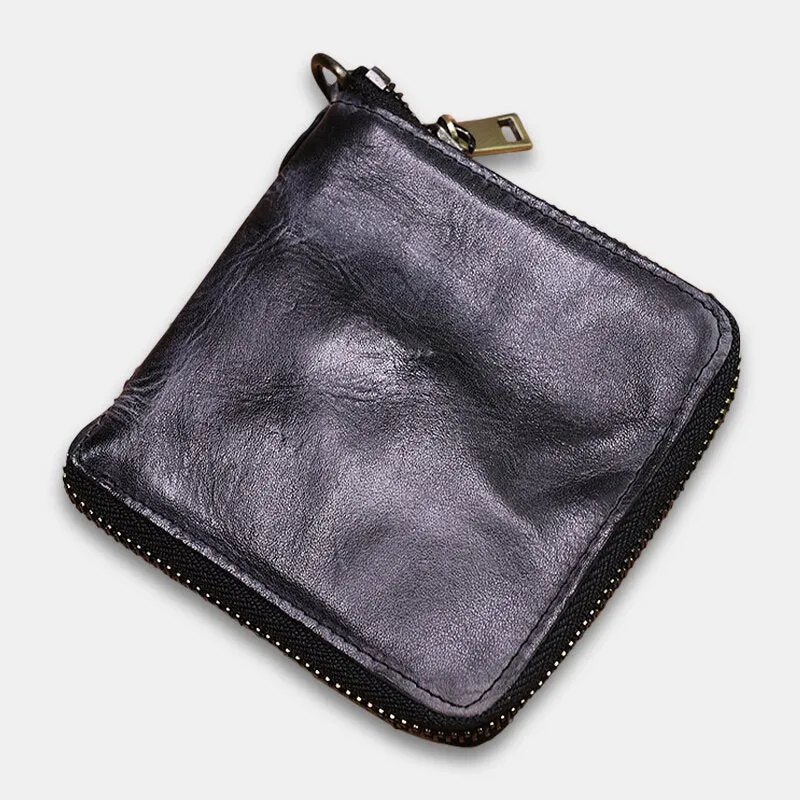 Men Genuine Leather Vintage Short Distressed Folds Zipper Card Holder Coin Purse Money Clip Wallet