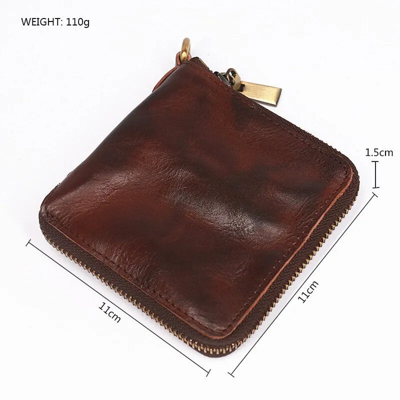 Men Genuine Leather Vintage Short Distressed Folds Zipper Card Holder Coin Purse Money Clip Wallet