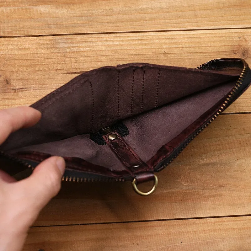 Men Genuine Leather Vintage Short Distressed Folds Zipper Card Holder Coin Purse Money Clip Wallet