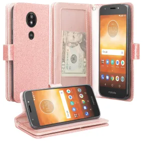 Motorola Moto E5 Play ,e5 Cruise, E5 GO Case, [Wrist Strap] Glitter Faux Leather Flip [Kickstand Feature] Protective Wallet Case Cover Clutch - Rose Gold