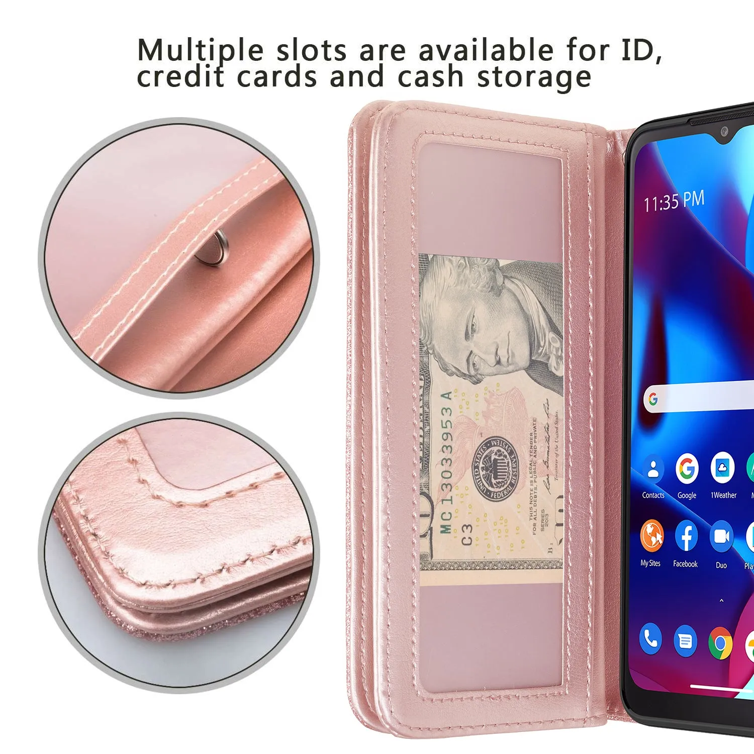 Motorola moto g Pure Case, moto g Pure Case, Glitter Faux Leather Flip Credit Card Holder Wrist Strap Shockproof Protective Wallet Case Clutch for moto g Pure - Rose Gold