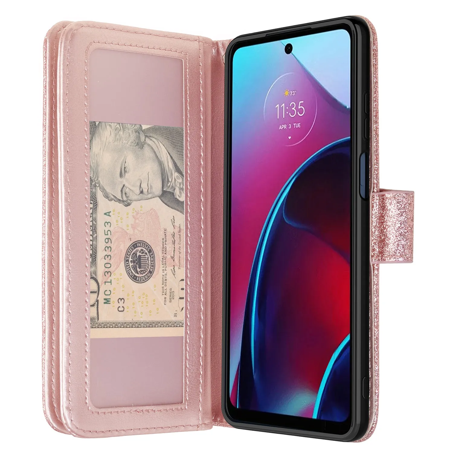 Motorola moto g stylus 5G (2022) Case, moto g stylus 5G (2022) Case, Glitter Faux Leather Flip Credit Card Holder Wrist Strap Shockproof Protective Wallet Case Clutch for moto g stylus 5G (2022) - Rose Gold