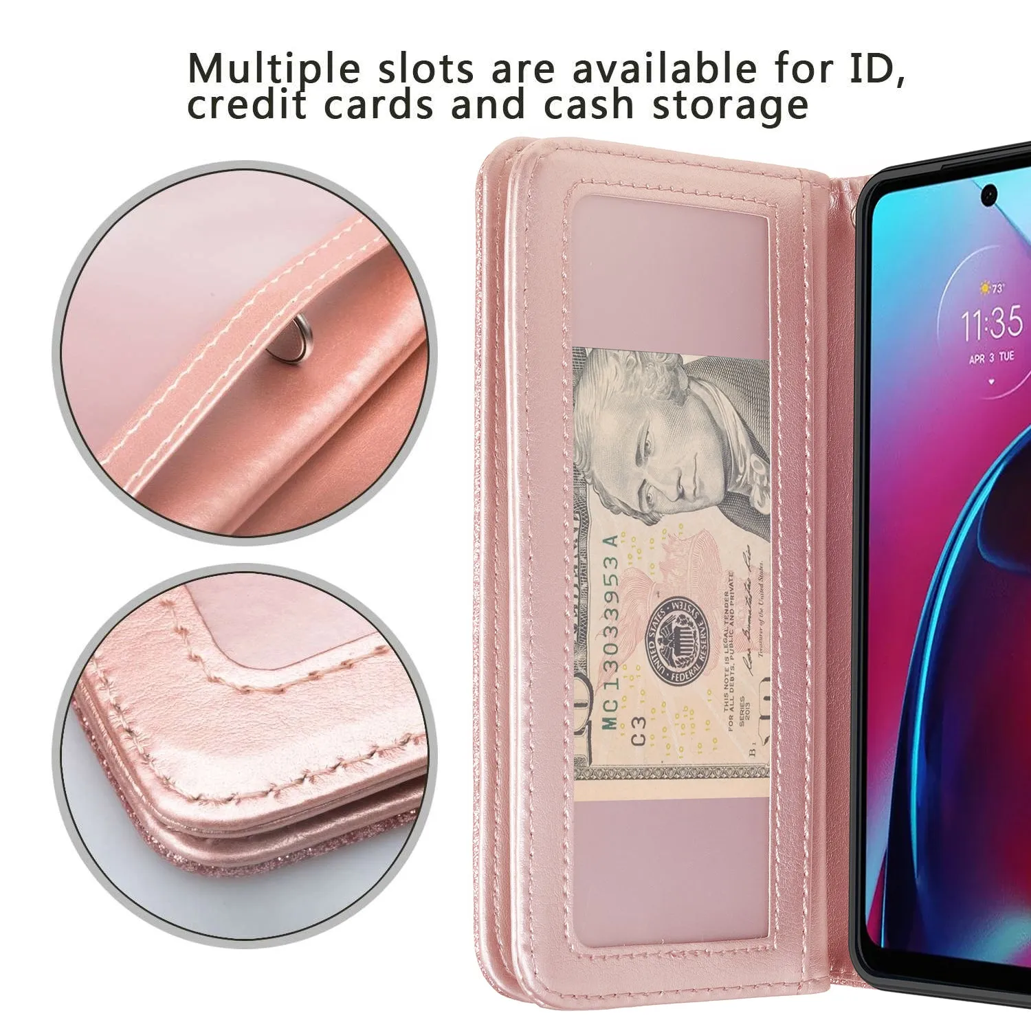 Motorola moto g stylus 5G (2022) Case, moto g stylus 5G (2022) Case, Glitter Faux Leather Flip Credit Card Holder Wrist Strap Shockproof Protective Wallet Case Clutch for moto g stylus 5G (2022) - Rose Gold