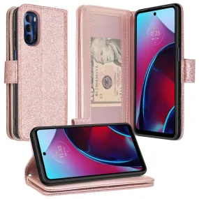 Motorola moto g stylus 5G (2022) Case, moto g stylus 5G (2022) Case, Glitter Faux Leather Flip Credit Card Holder Wrist Strap Shockproof Protective Wallet Case Clutch for moto g stylus 5G (2022) - Rose Gold