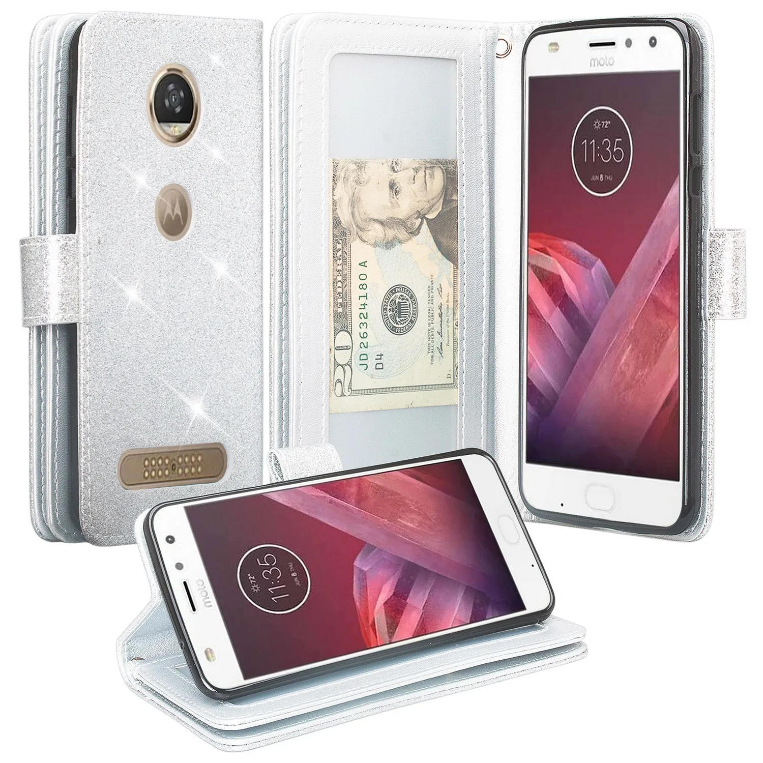 Motorola Moto Z2 Force Edition Case, Moto Z2 Force wallet Case, [Wrist Strap] Glitter Faux Leather Flip [Kickstand Feature] Protective Wallet Case Clutch - Silver