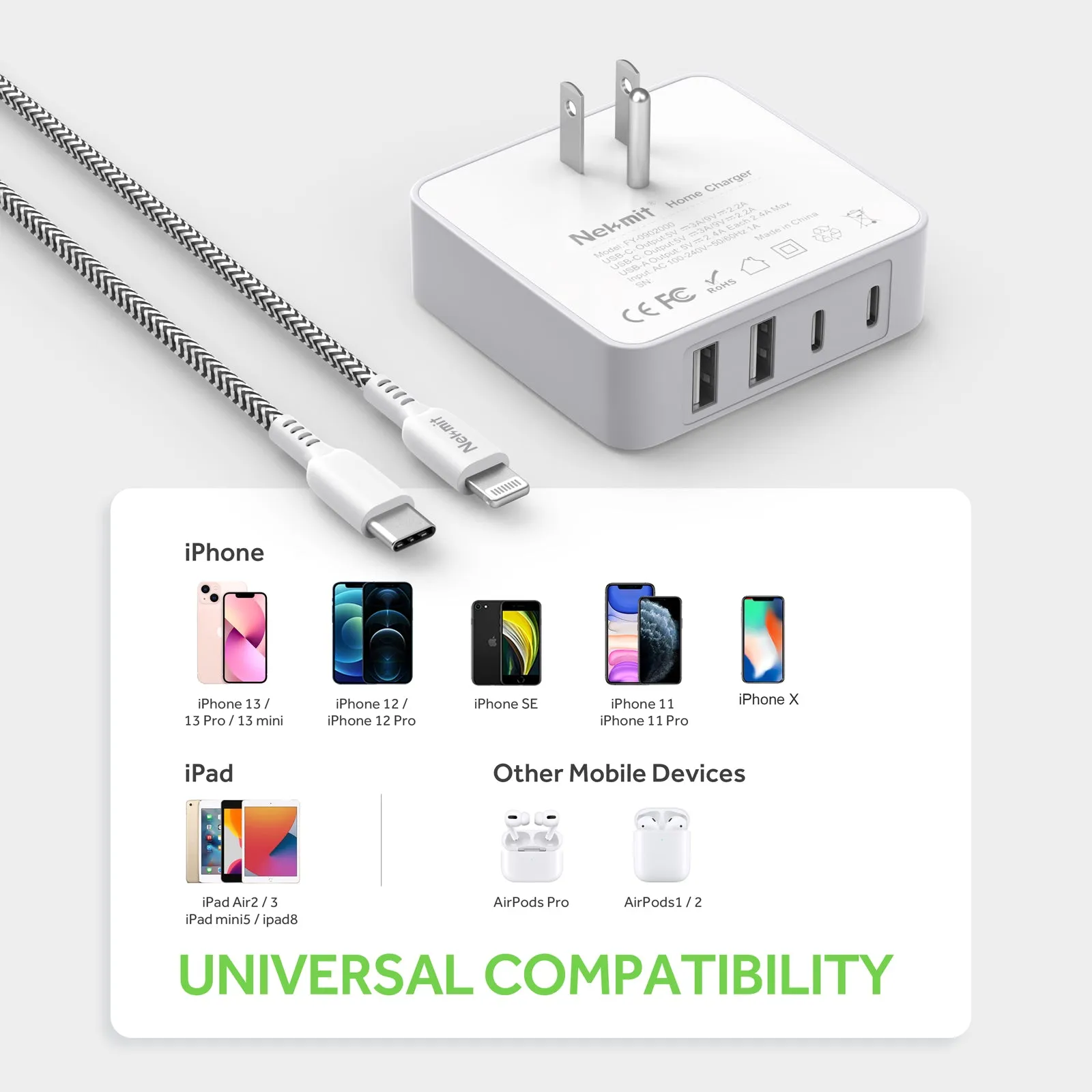 Nekmit 52W 4-Port Thin Flat Wall Charger USB-C With 6.6FT USB-C To Lightning Cable