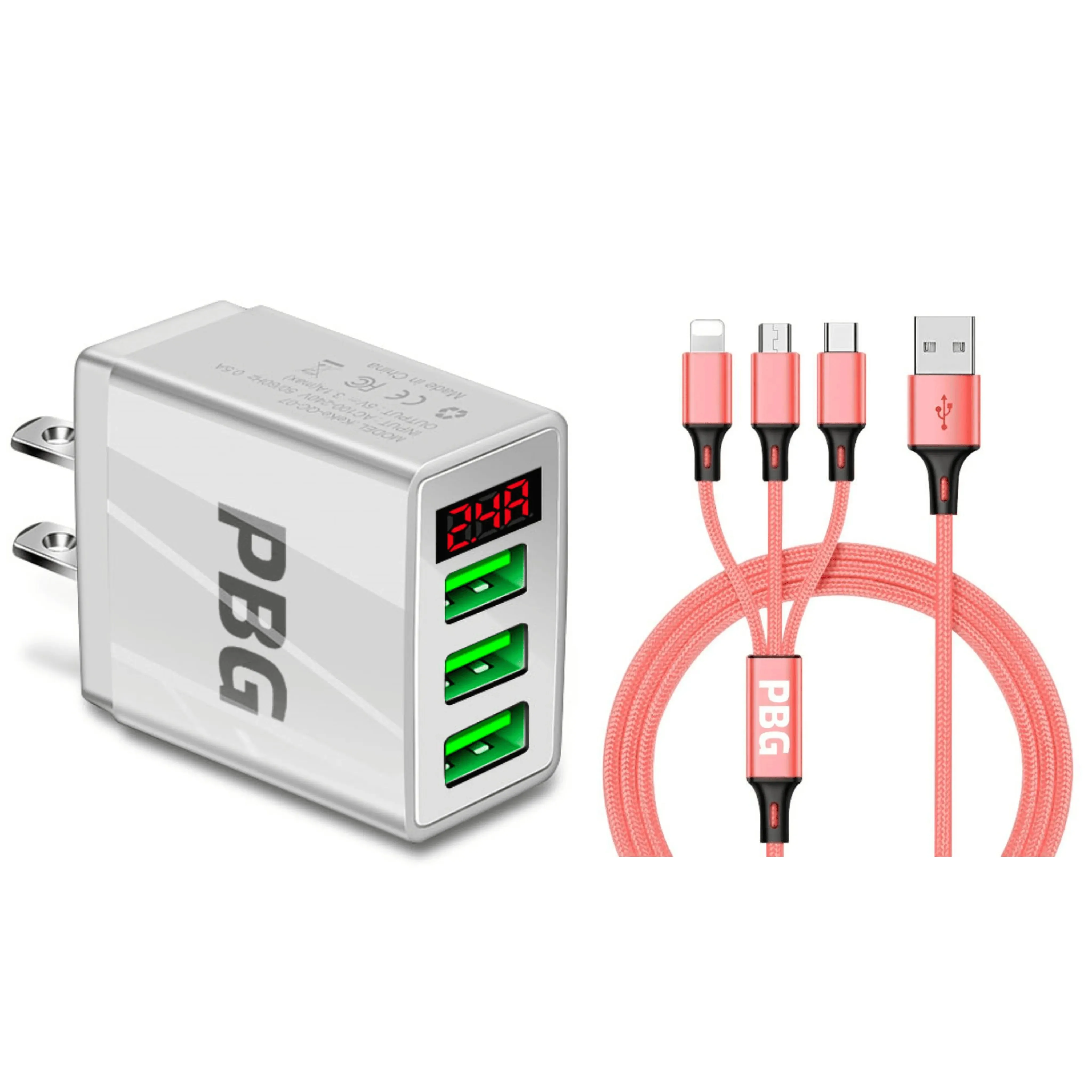 PBG 3 port LED Display Wall Charger and 3 in 1 Cable Bundle Pink