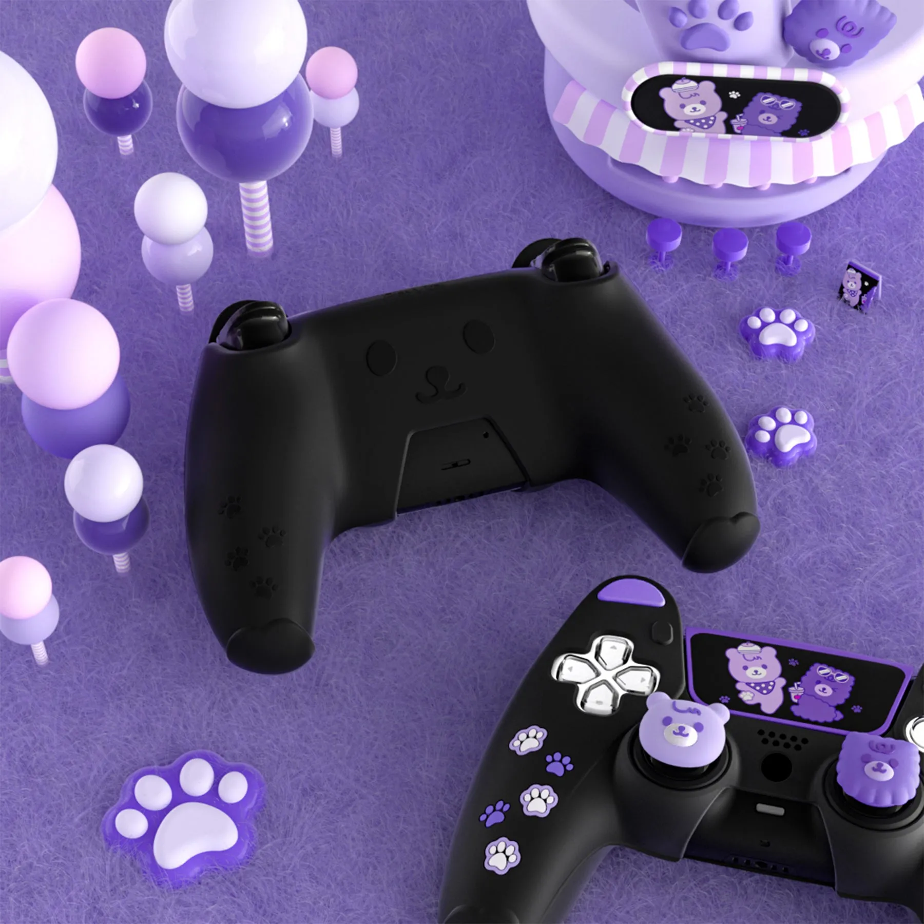 PlayVital Cute Bear Controller Silicone Case for ps5, Kawaii Controller Cover Compatible with Charging Station, Gamepad Skin Protector for ps5 with Touch Pad Sticker & Thumb Grips - Black & Purple - UYBPFP005