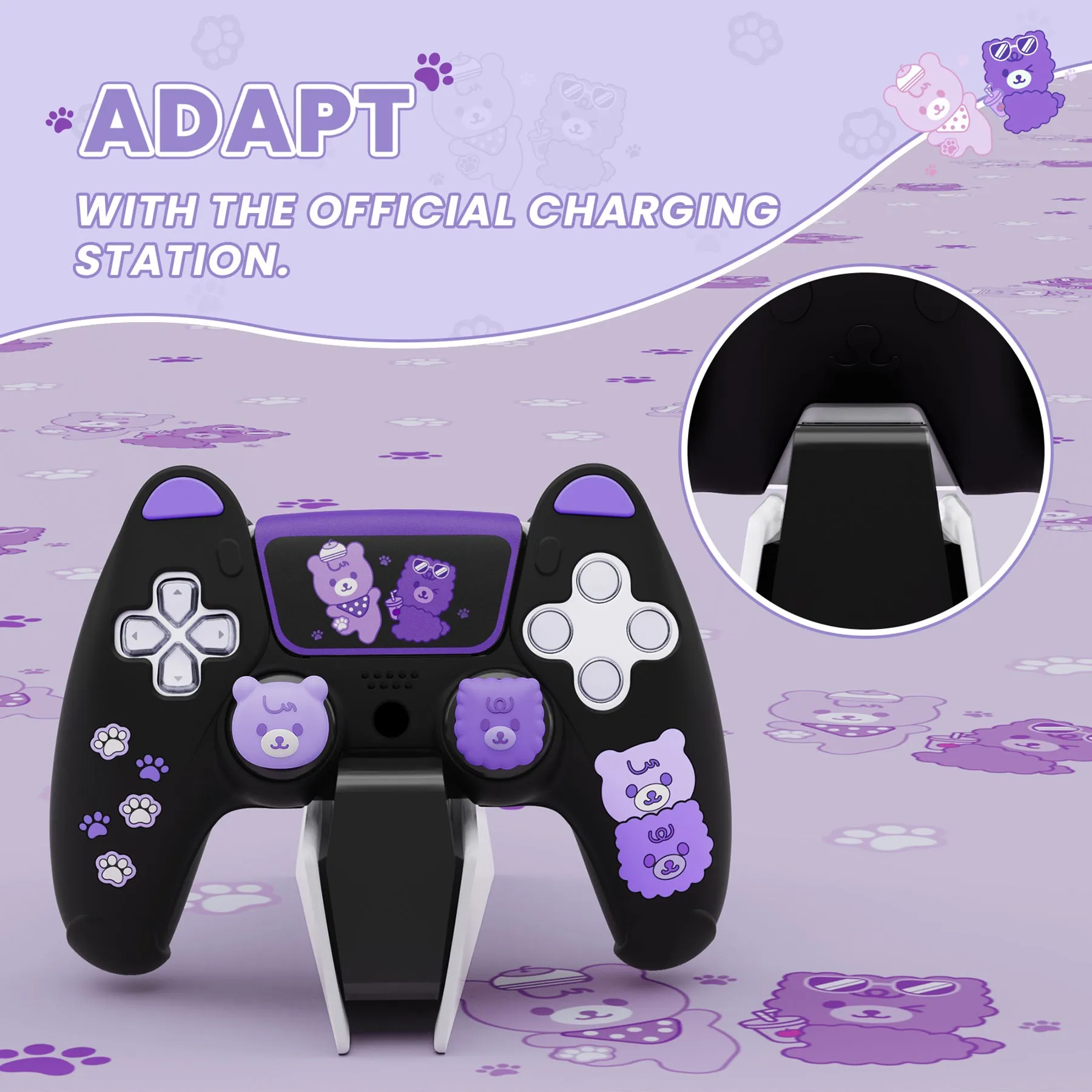 PlayVital Cute Bear Controller Silicone Case for ps5, Kawaii Controller Cover Compatible with Charging Station, Gamepad Skin Protector for ps5 with Touch Pad Sticker & Thumb Grips - Black & Purple - UYBPFP005