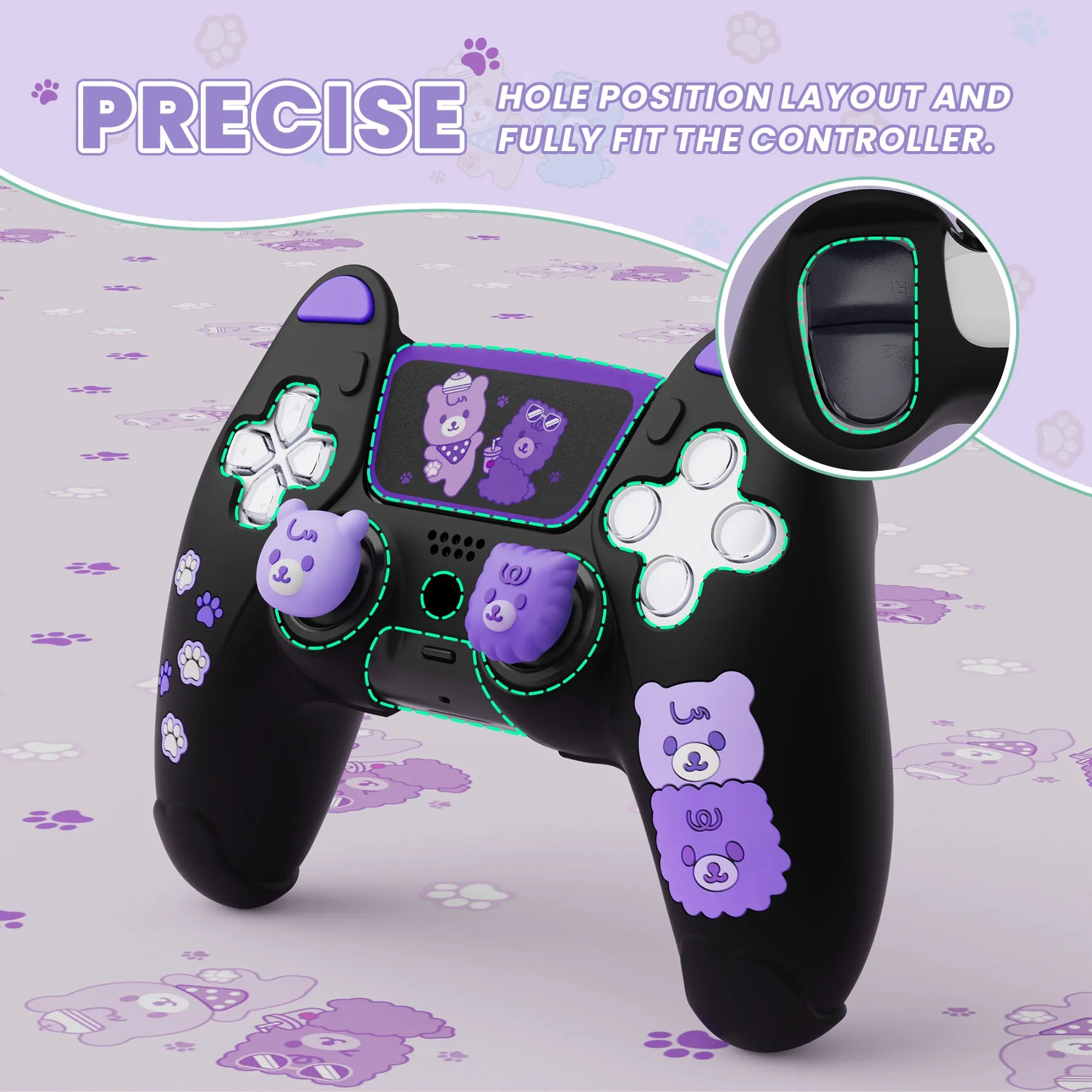 PlayVital Cute Bear Controller Silicone Case for ps5, Kawaii Controller Cover Compatible with Charging Station, Gamepad Skin Protector for ps5 with Touch Pad Sticker & Thumb Grips - Black & Purple - UYBPFP005