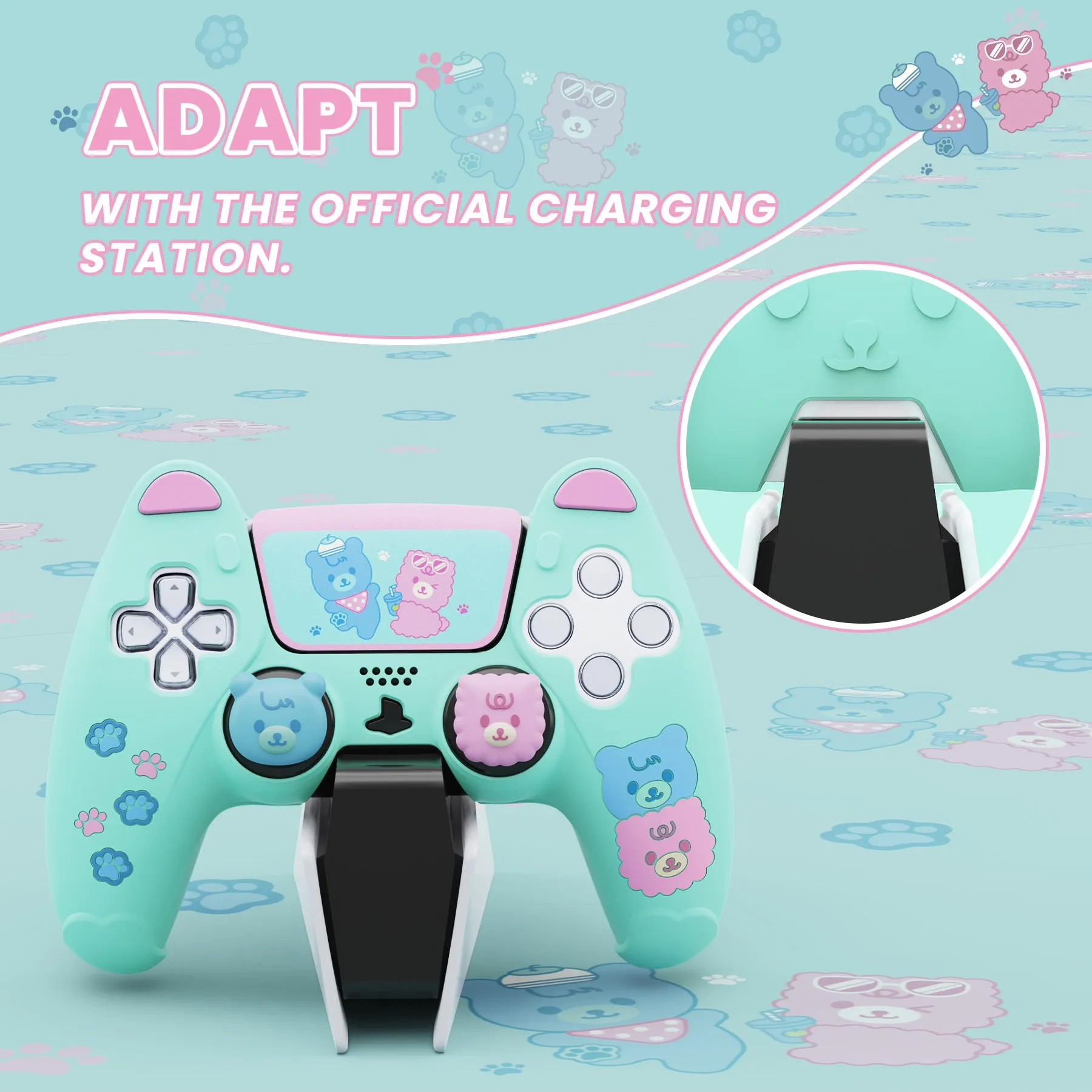 PlayVital Cute Bear Controller Silicone Case for ps5, Kawaii Controller Cover Compatible with Charging Station, Gamepad Skin Protector for ps5 with Touch Pad Sticker & Thumb Grips - Green & Red - UYBPFP004