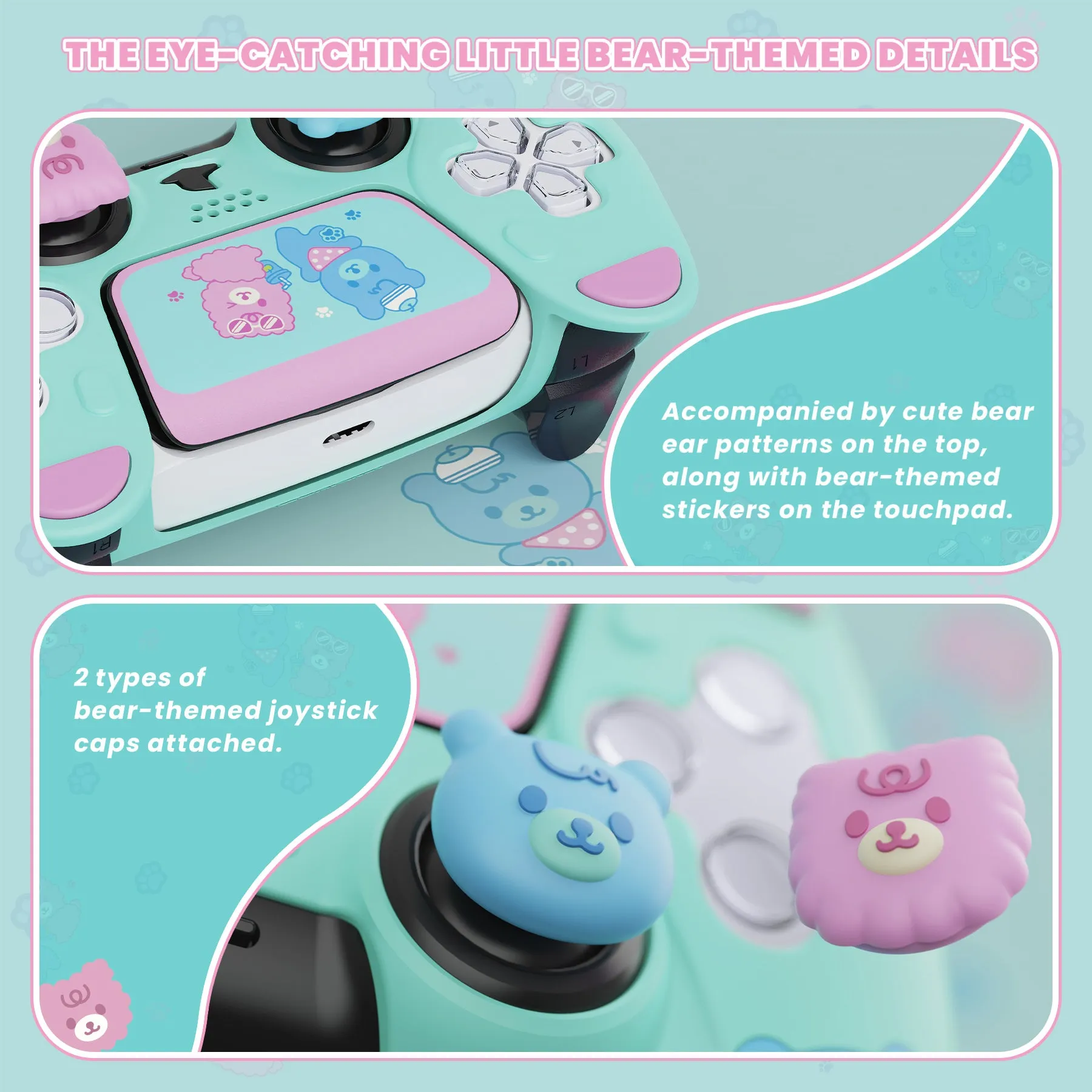 PlayVital Cute Bear Controller Silicone Case for ps5, Kawaii Controller Cover Compatible with Charging Station, Gamepad Skin Protector for ps5 with Touch Pad Sticker & Thumb Grips - Green & Red - UYBPFP004