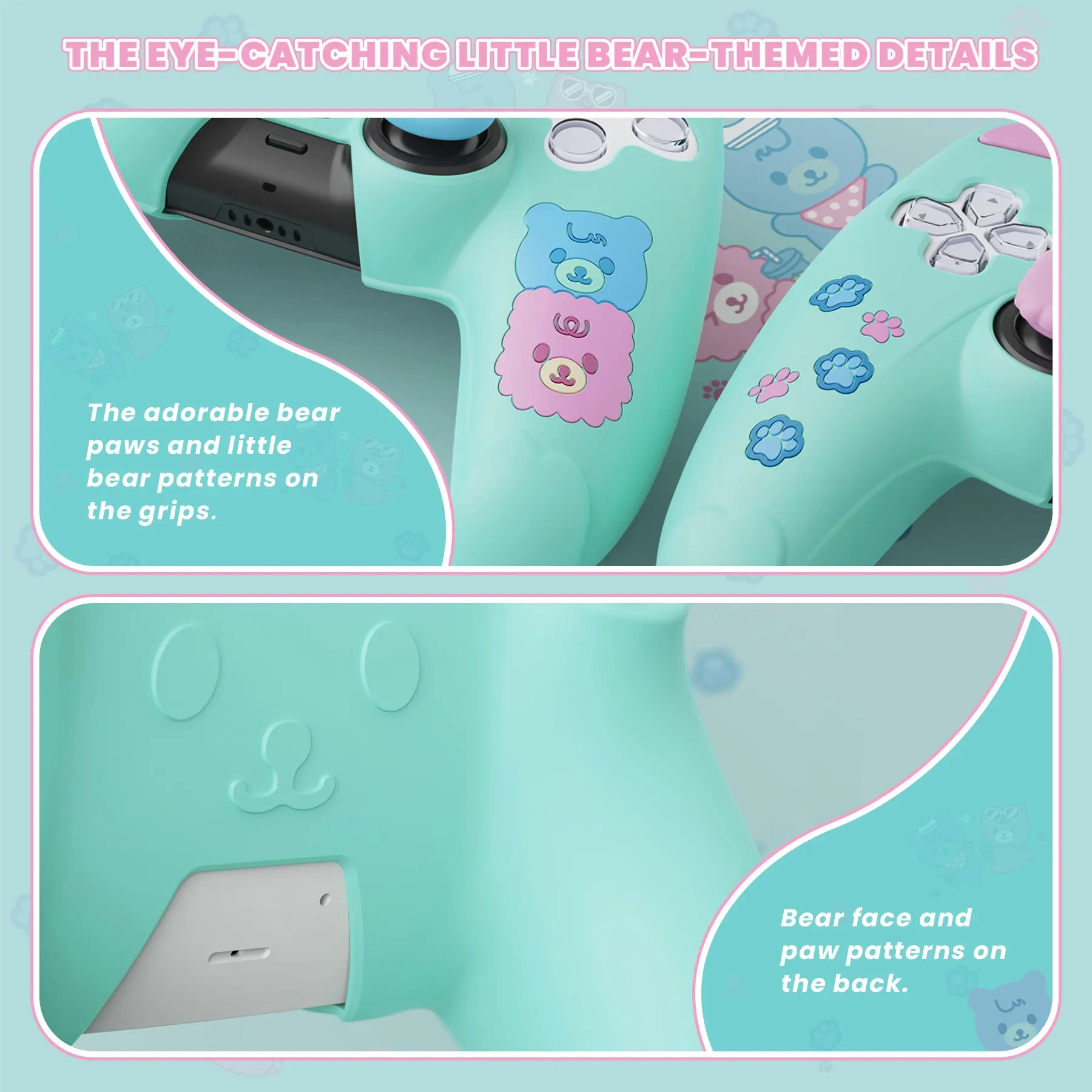 PlayVital Cute Bear Controller Silicone Case for ps5, Kawaii Controller Cover Compatible with Charging Station, Gamepad Skin Protector for ps5 with Touch Pad Sticker & Thumb Grips - Green & Red - UYBPFP004