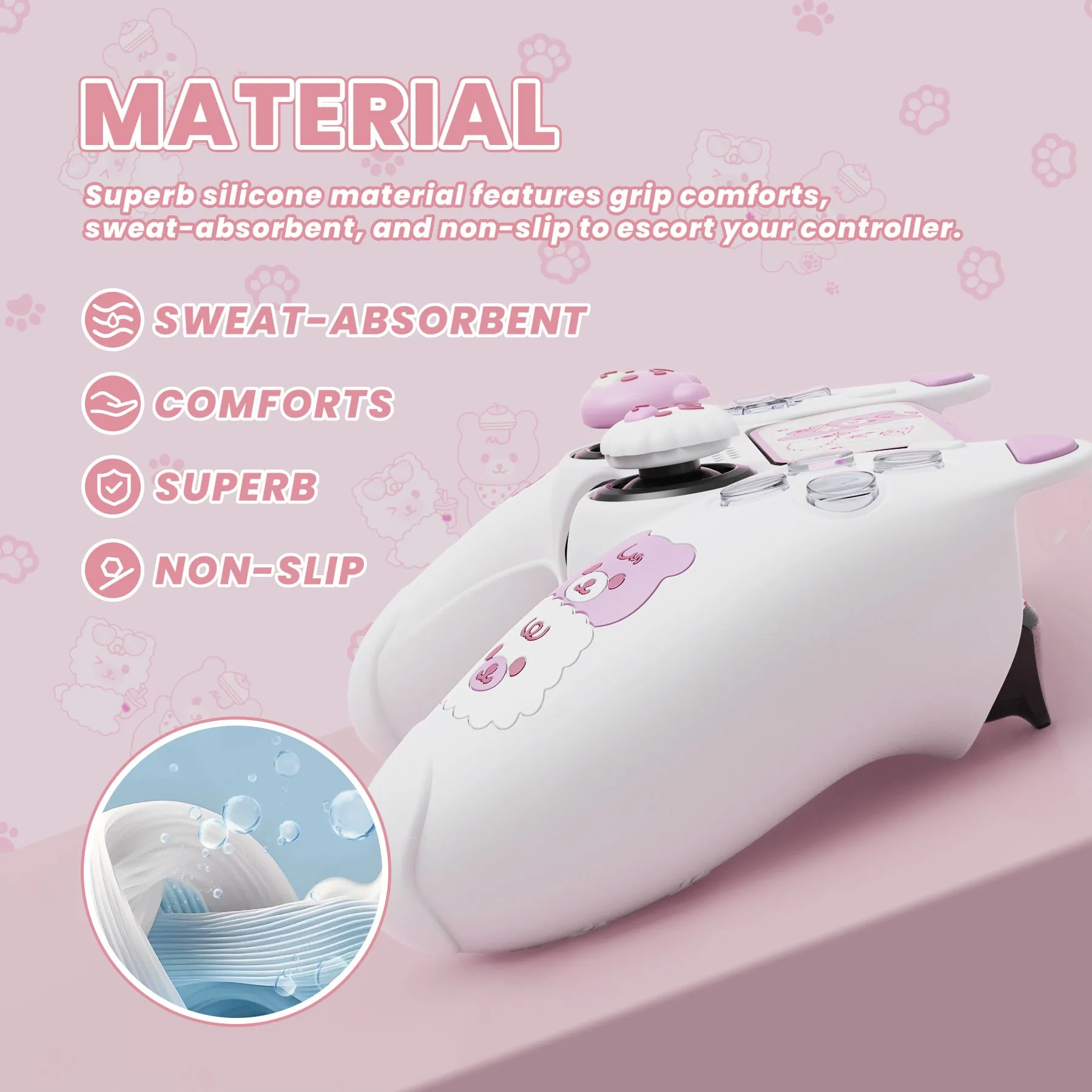 PlayVital Cute Bear Controller Silicone Case for ps5, Kawaii Controller Cover Compatible with Charging Station, Gamepad Skin Protector for ps5 with Touch Pad Sticker & Thumb Grips - White & Pink - UYBPFP003