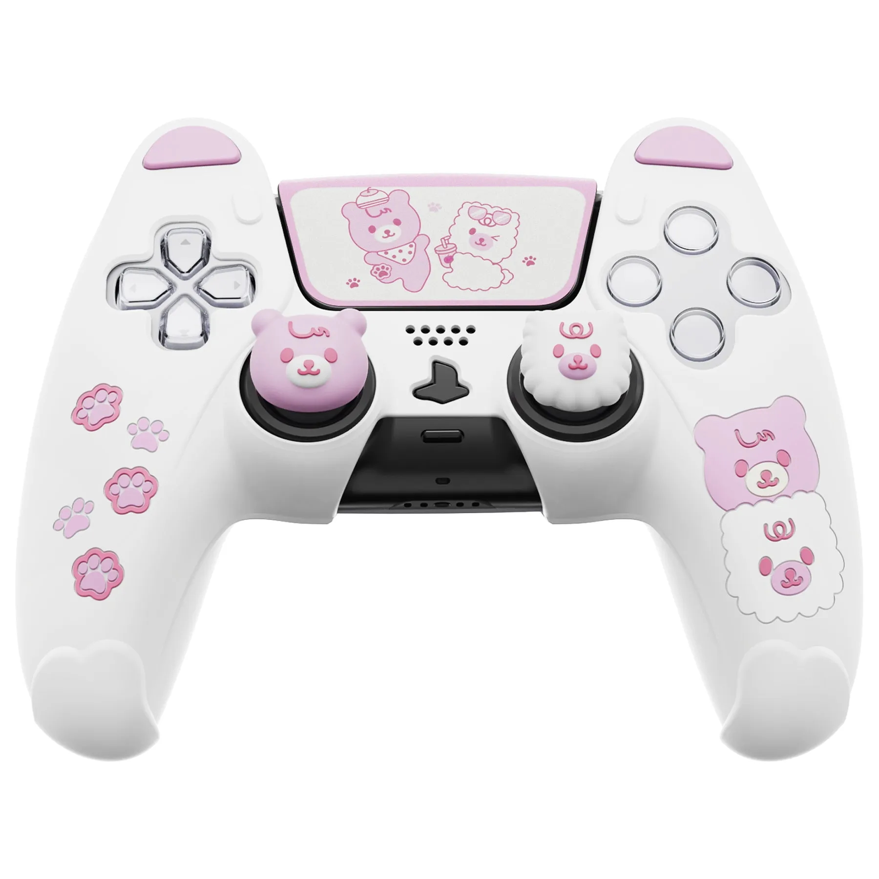 PlayVital Cute Bear Controller Silicone Case for ps5, Kawaii Controller Cover Compatible with Charging Station, Gamepad Skin Protector for ps5 with Touch Pad Sticker & Thumb Grips - White & Pink - UYBPFP003