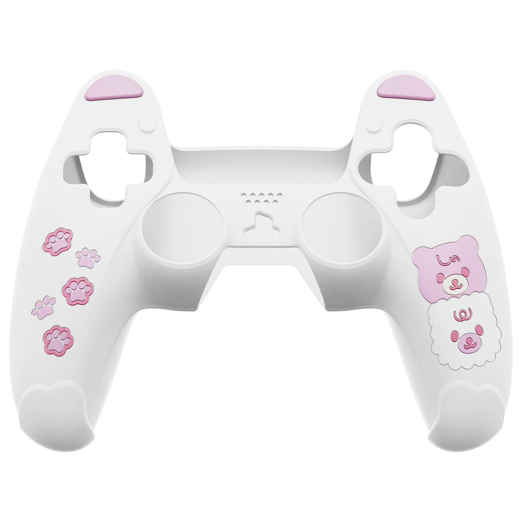 PlayVital Cute Bear Controller Silicone Case for ps5, Kawaii Controller Cover Compatible with Charging Station, Gamepad Skin Protector for ps5 with Touch Pad Sticker & Thumb Grips - White & Pink - UYBPFP003