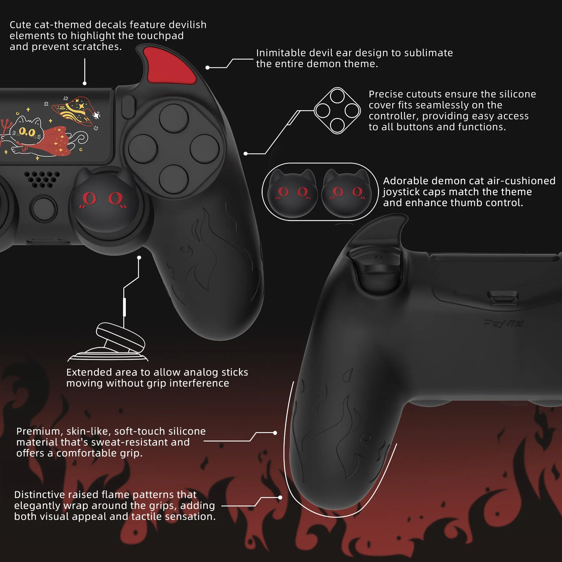 PlayVital Cute Demon Controller Skin for PS4 with Thumb Grips & Stickers, Kawaii Anti-Slip Silicone Controller Cover Grip Protector for PS4 Slim/Pro Controller - Black - BRJP4P001