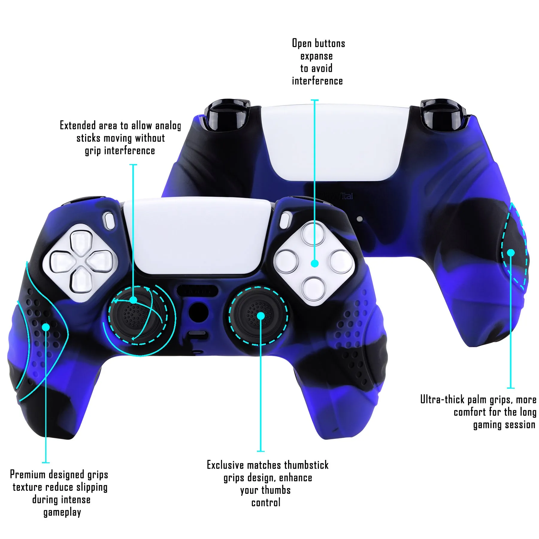 PlayVital Guardian Edition Black Ergonomic Soft Anti-Slip Controller Silicone Case Cover for ps5, Rubber Protector Skins with Black Joystick Caps for ps5 Controller - Blue & Black - YHPF021