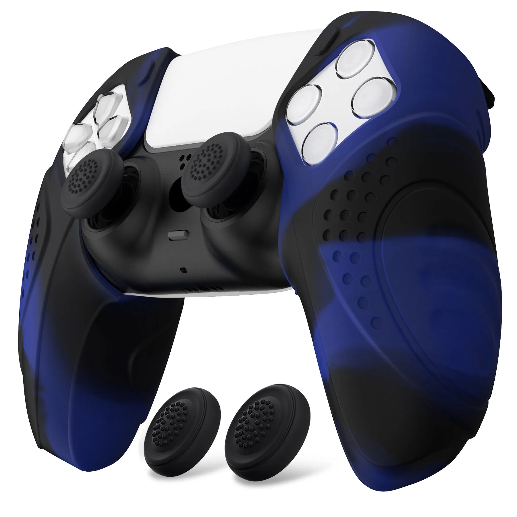 PlayVital Guardian Edition Blue & Black Ergonomic Soft Controller Silicone Case Grips for PS5, Rubber Protector Skins with Thumbstick Caps for PS5 Controller – Compatible with Charging Station - YHPF029