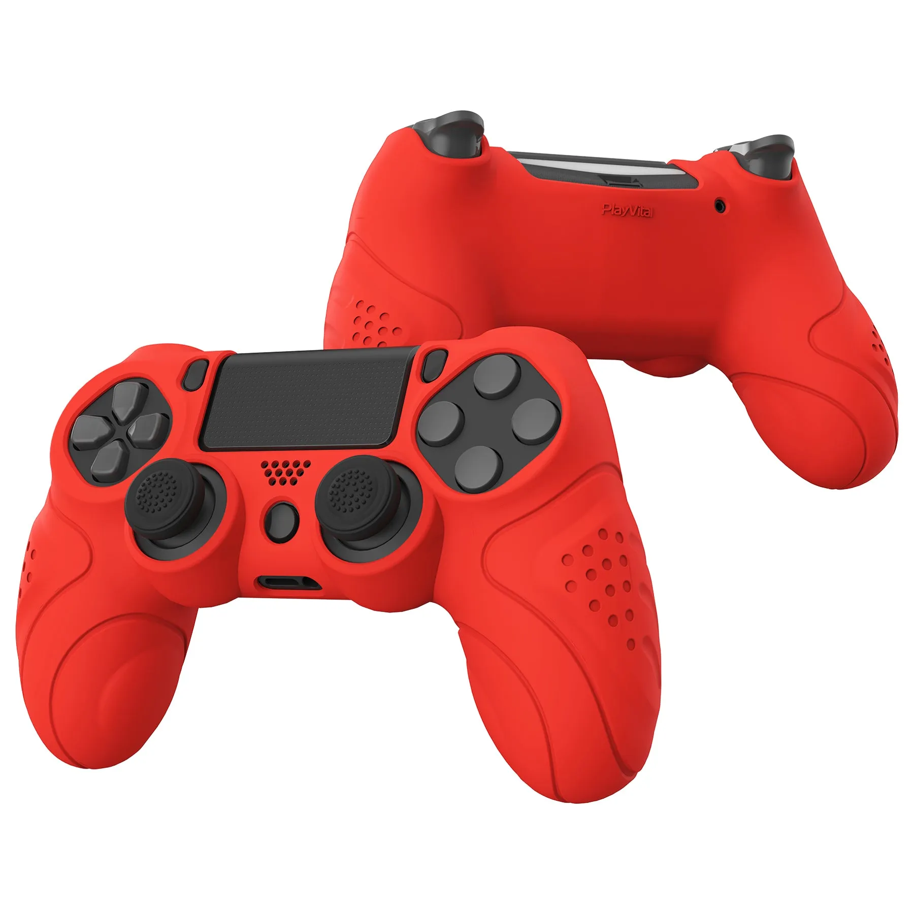 PlayVital Guardian Edition Passion Red Ergonomic Soft Anti-Slip Controller Silicone Case Cover for PS4, Rubber Protector Skins with black Joystick Caps for PS4 Slim PS4 Pro Controller - P4CC0067