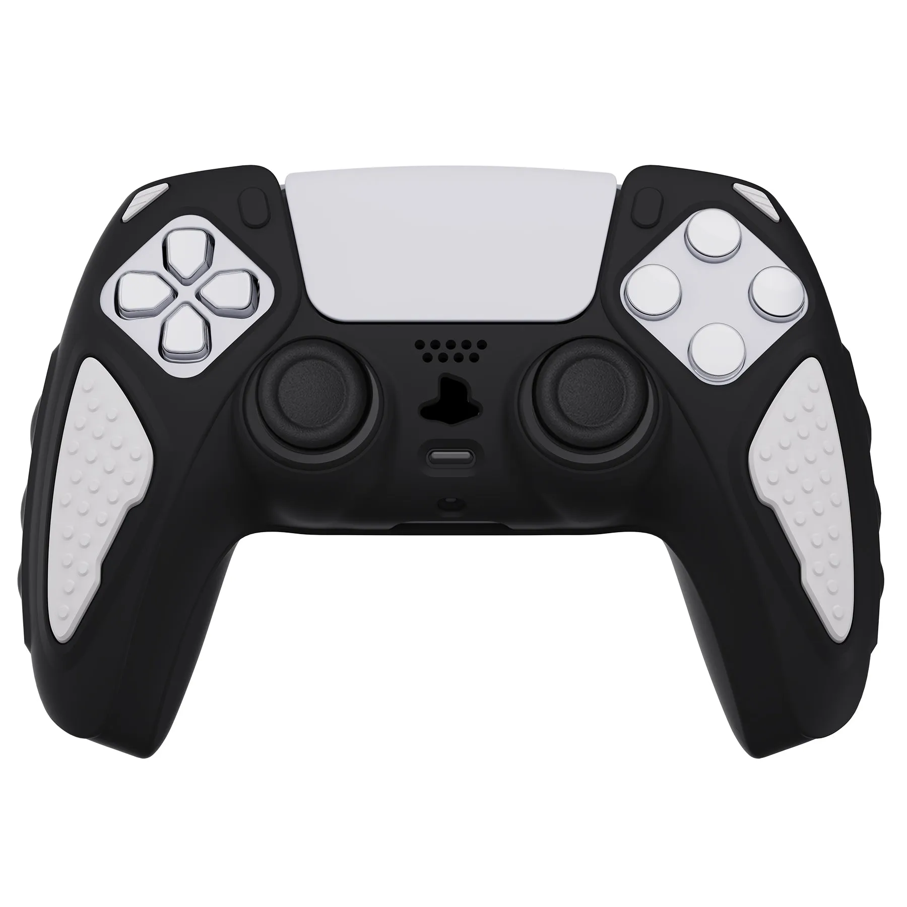 PlayVital Knight Edition Black & White Two Tone Anti-Slip Silicone Cover Skin for Playstation 5 Controller, Soft Rubber Case for PS5 Controller with Thumb Grip Caps - QSPF002