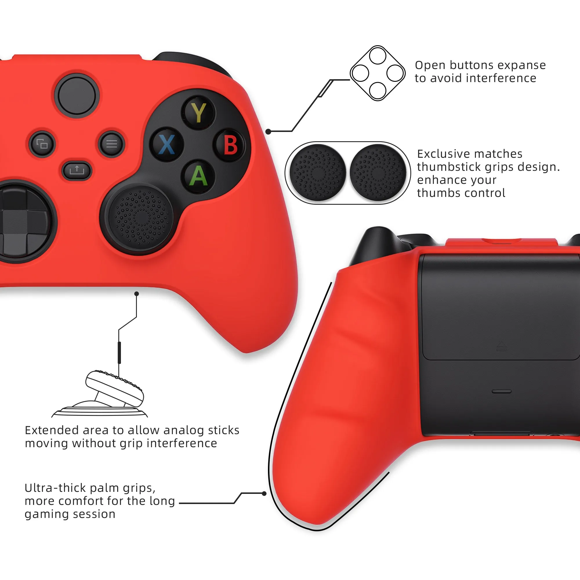 PlayVital Passion Red Pure Series Anti-Slip Silicone Cover Skin for Xbox Series X Controller, Soft Rubber Case Protector for Xbox Series S Controller with Black Thumb Grip Caps - BLX3012