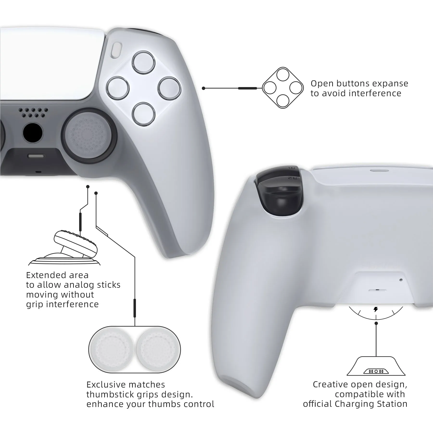 PlayVital Pure Series Ergonomic Anti-Slip Silicone Cover Skin for PS5 Controller, Soft Rubber Grip Case for PS5 Wireless Controller Fits with Charging Station with 6 Thumb Grip Caps - Clear White - EKPFP008