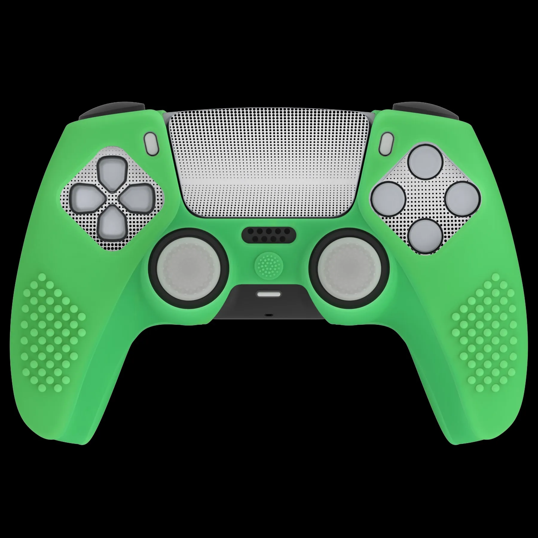 PlayVital Upgraded 3D Studded Edition Glow in Dark - Green Silicone Cover Skin for PS5 Controller with 6 Thumb Grips & 2 Stickers, Anti-Slip Shockproof Controller Grip Case - Compatible with Charging Dock - TVAPFP006