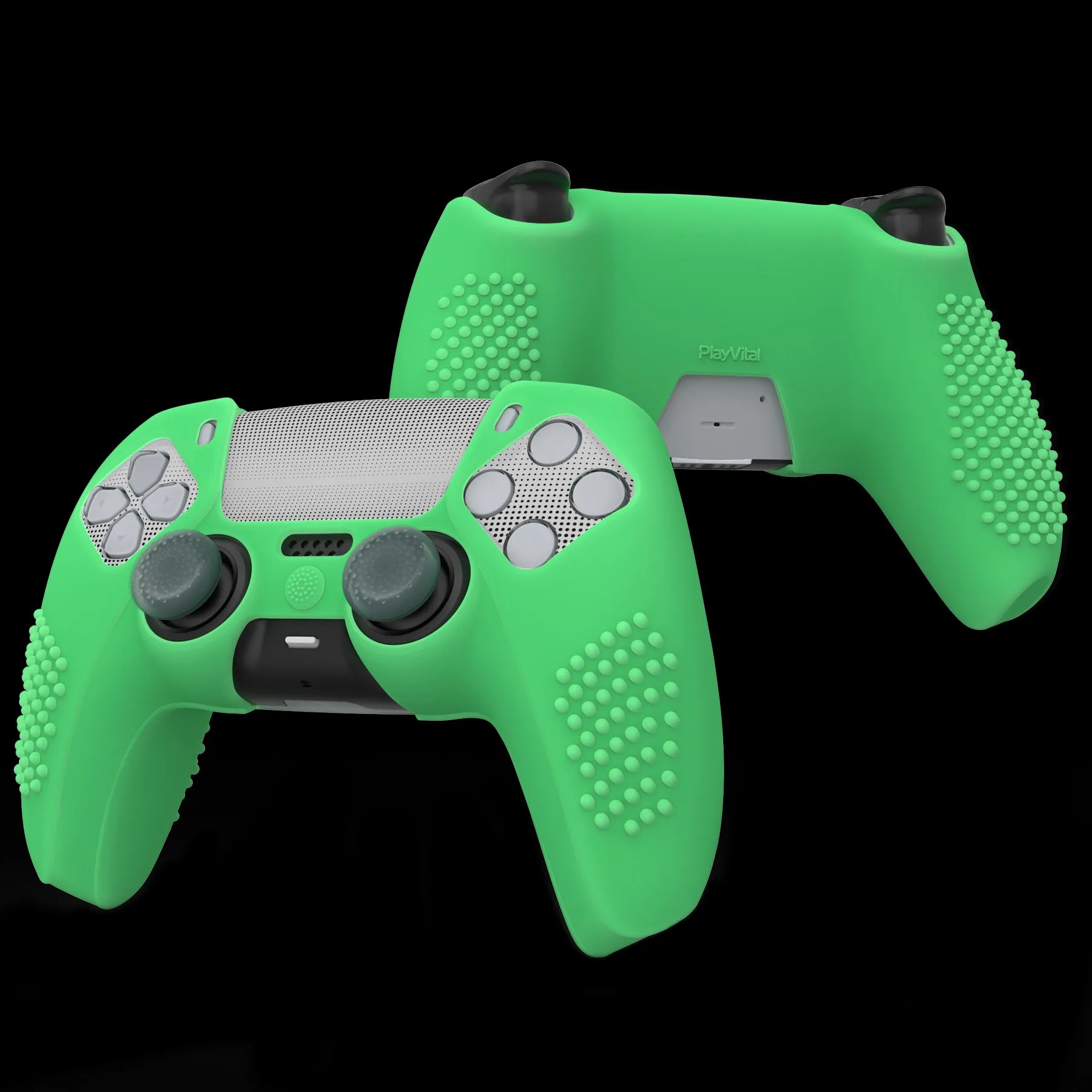 PlayVital Upgraded 3D Studded Edition Glow in Dark - Green Silicone Cover Skin for PS5 Controller with 6 Thumb Grips & 2 Stickers, Anti-Slip Shockproof Controller Grip Case - Compatible with Charging Dock - TVAPFP006