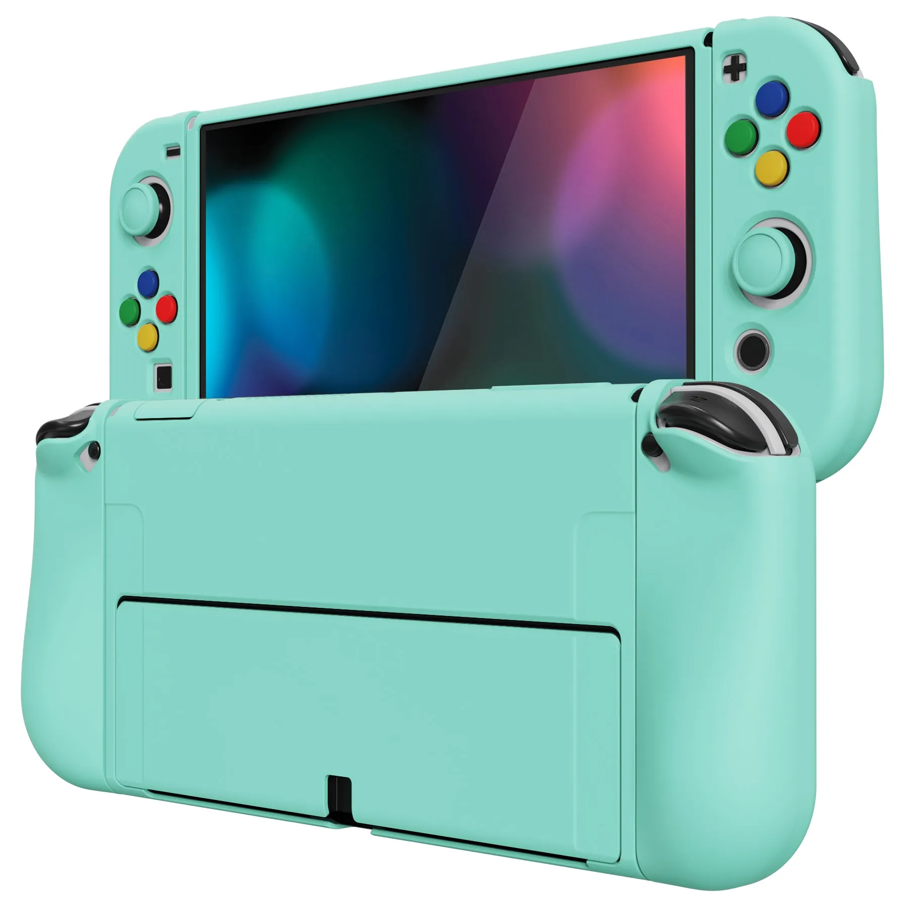 PlayVital ZealProtect Soft Protective Case for Nintendo Switch OLED, Flexible Protector Joycon Grip Cover for Nintendo Switch OLED with Thumb Grip Caps & ABXY Direction Button Caps - Misty Green - XSOYM5004