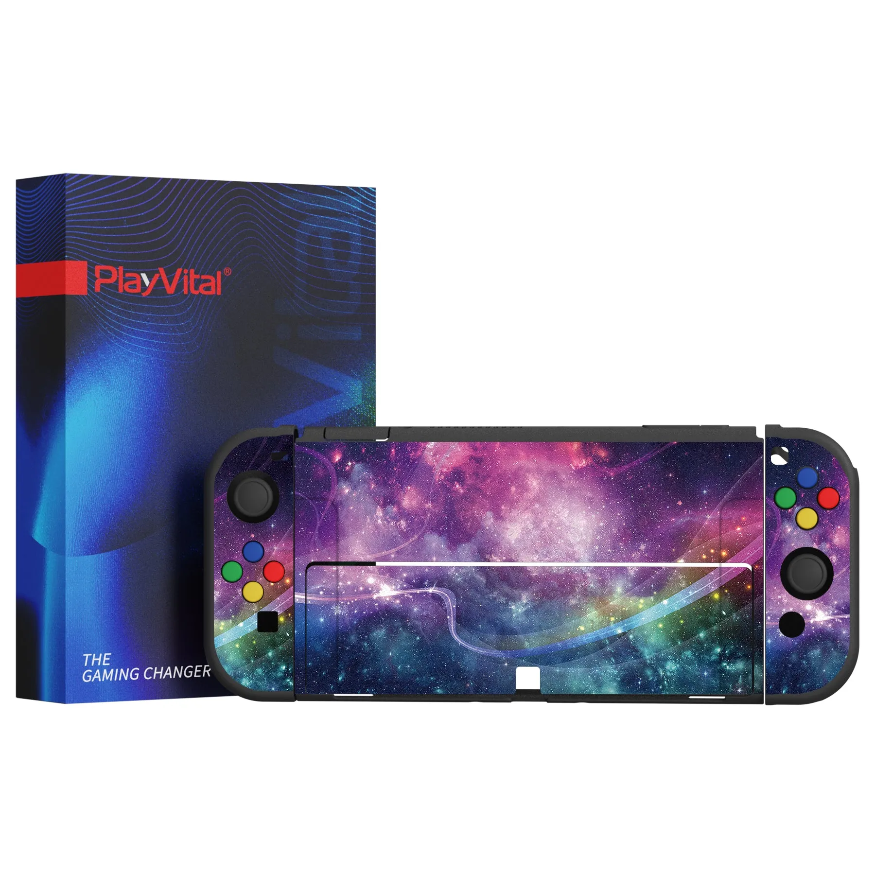 PlayVital ZealProtect Soft Protective Case for Nintendo Switch OLED, Flexible Protector Joycon Grip Cover for Nintendo Switch OLED with Thumb Grip Caps & ABXY Direction Button Caps - Purple Galaxy - XSOYV6001