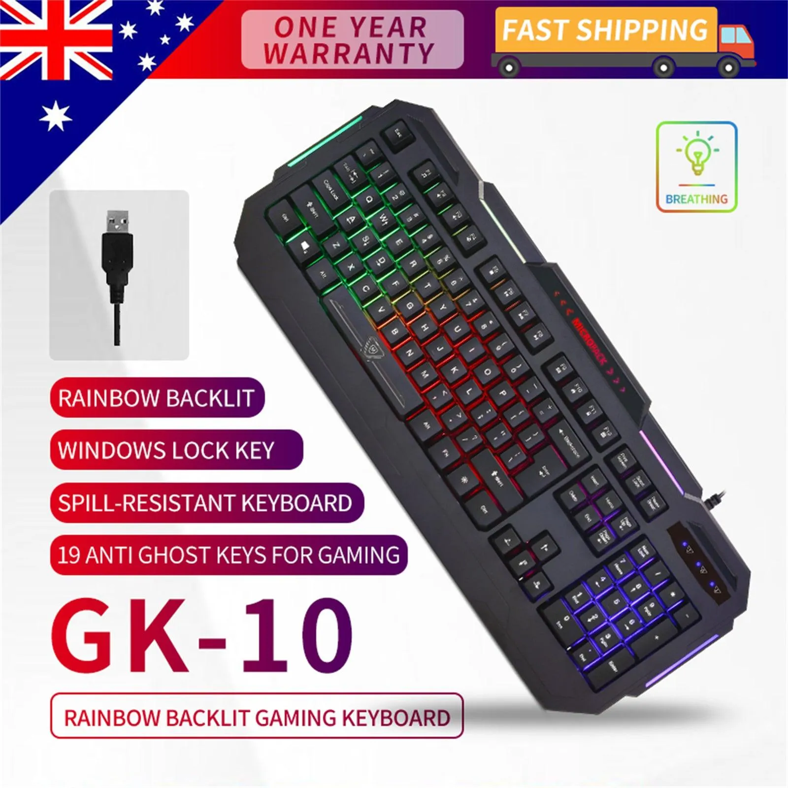 Rainbow Backlit Gaming Keyboard 19 Game Anti Ghosting Keys USB 2.0 Interface AU